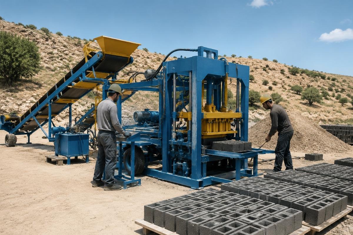 Mobile block machine for small construction sites with quick commissioning Mobile block machine operating on remote site
