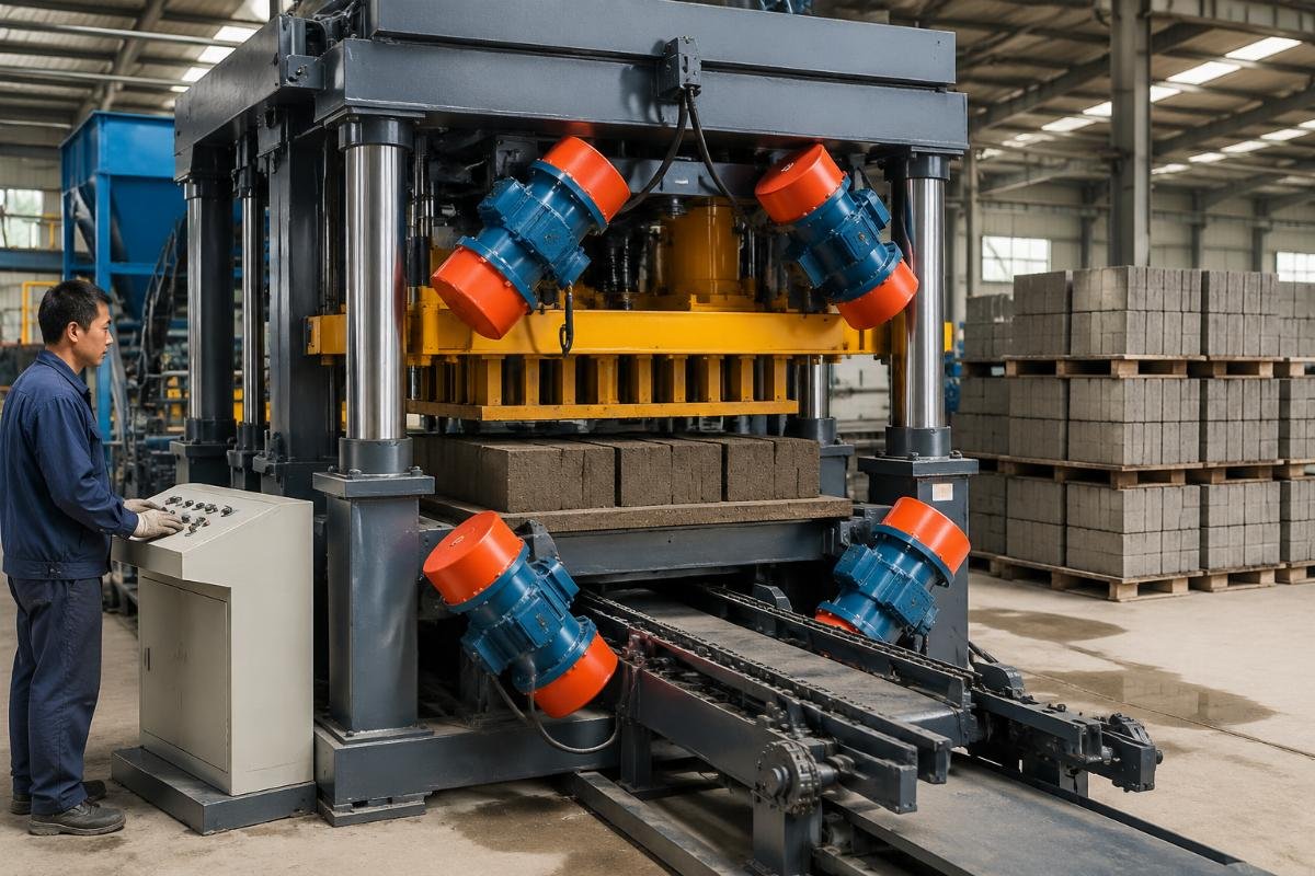 4-motor block machine achieving uniform compaction with overlapping vibration fields