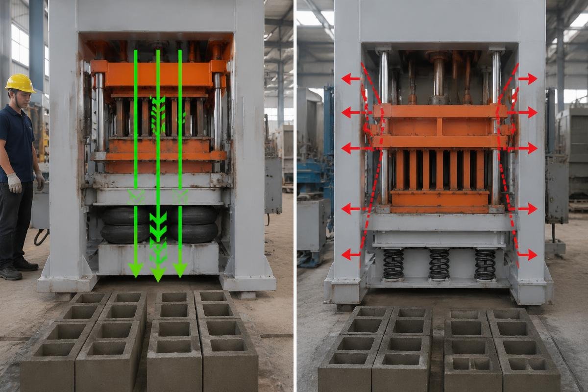 Cross-section diagram of airbag block machine showing vertical vibration force path versus spring system lateral scatter