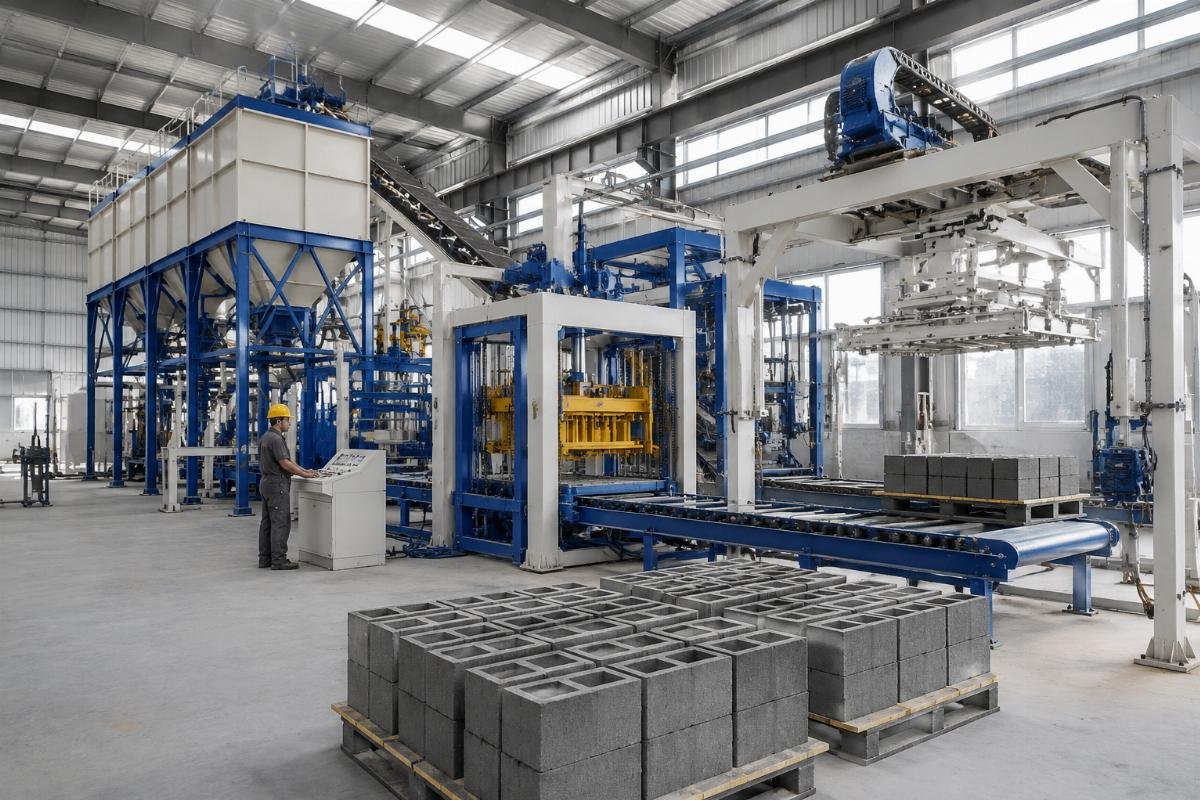 automatic block machine features capacity matching production line Fully automatic block production line with batching plant, pallet loader, and stacker