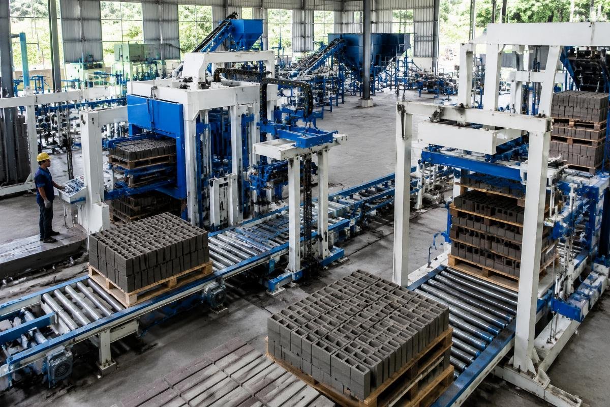Fully automatic block production line layout with pallet loader and stacker integration