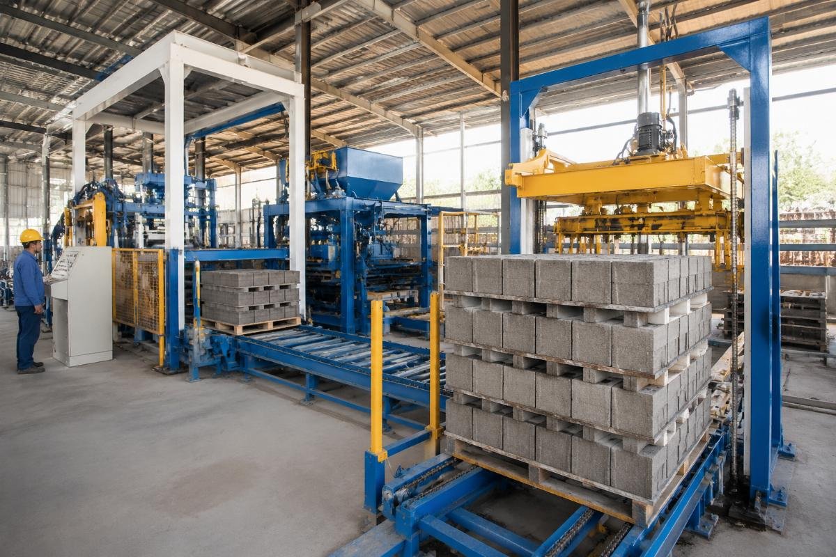 automatic pallet loader and stacker existing line integration Automatic pallet loader and stacker installed in existing concrete block plant within 11 days