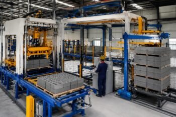 Automatic pallet loader and stacker integrated with concrete block making machine on production line