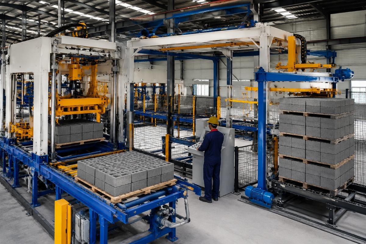 automatic pallet loader and stacker system workflow Automatic pallet loader and stacker integrated with concrete block making machine on production line
