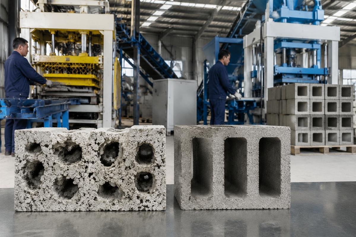 Block density comparison traditional versus European-style block machine Concrete block density comparison showing air pockets in traditional machine blocks versus uniform density in European-style machine blocks
