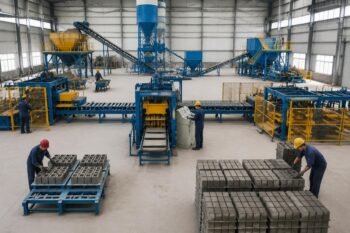 Block factory layout showing five production zones with optimized material flow paths
