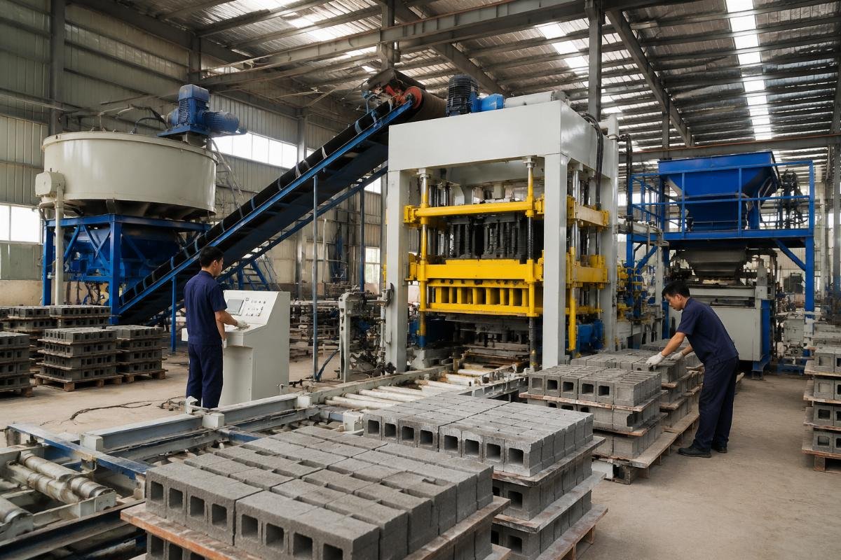 block machine from China production line features overview Block machine production line with vibration system, mixer, and pallet conveyor in a Chinese factory