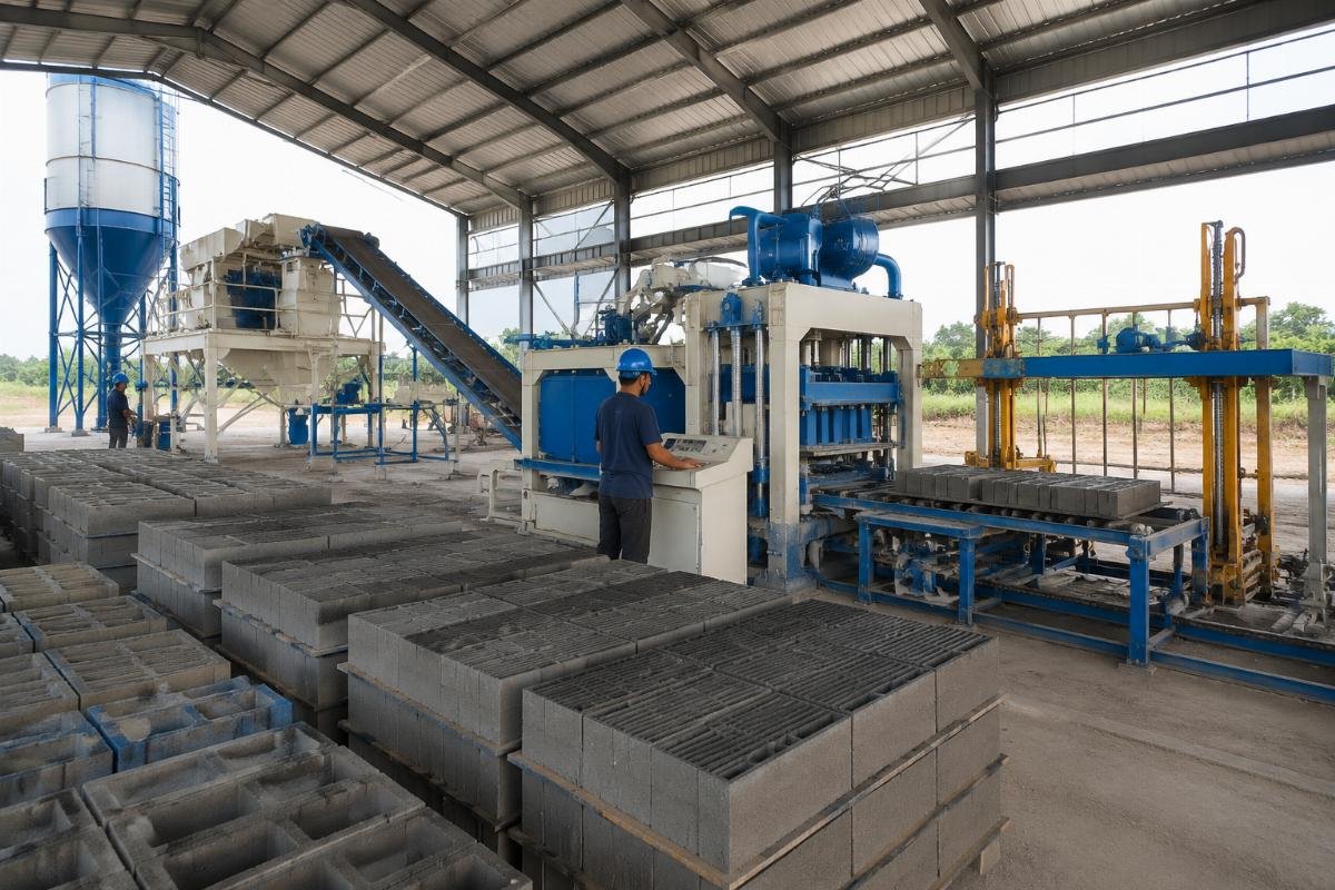 block machine from China turnkey production line supporting equipment Turnkey block production line including cement silo, mixer, conveyor, and stacking system