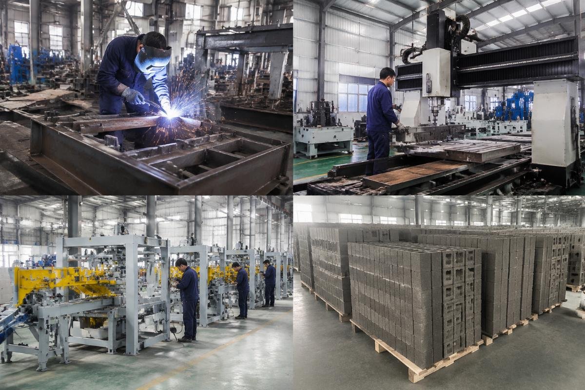 block machine manufacturer China factory verification production capability Factory floor showing specialized workshops for welding, machining, and assembly of block machines