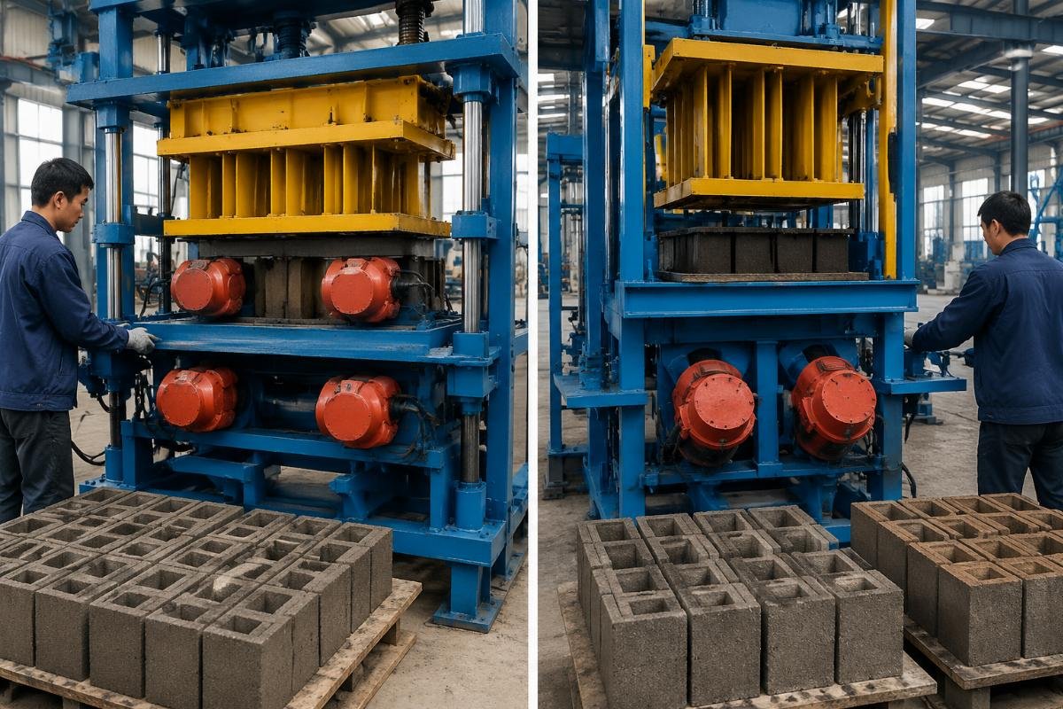 Vibration motor configuration comparison for block machine moulds