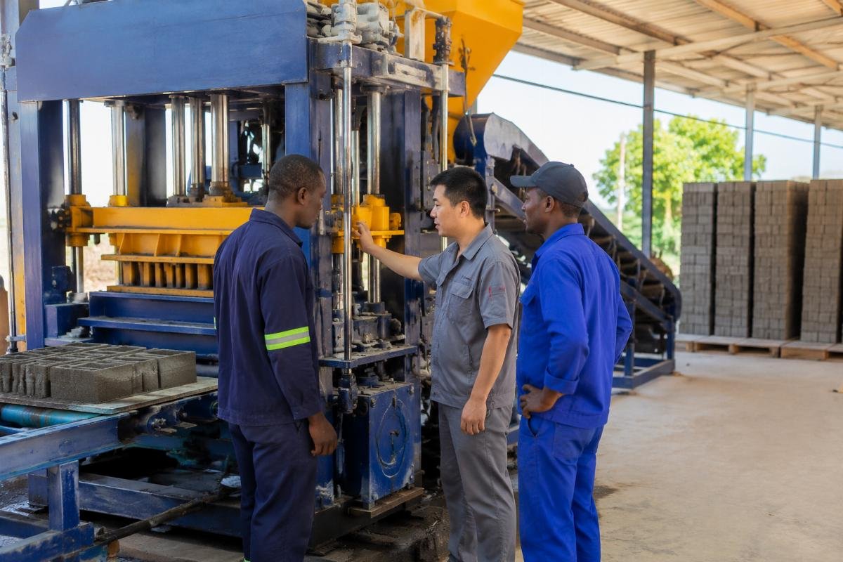block machine supplier Africa after-sales support on-site commissioning On-site engineer conducting operator training and machine calibration at a block production facility