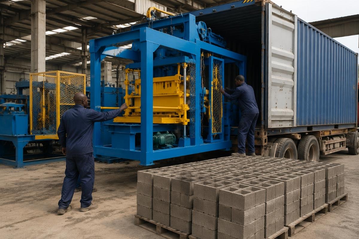 Semi-automatic QTJ4-26 block making machine loaded into a 20ft container for West Africa shipment