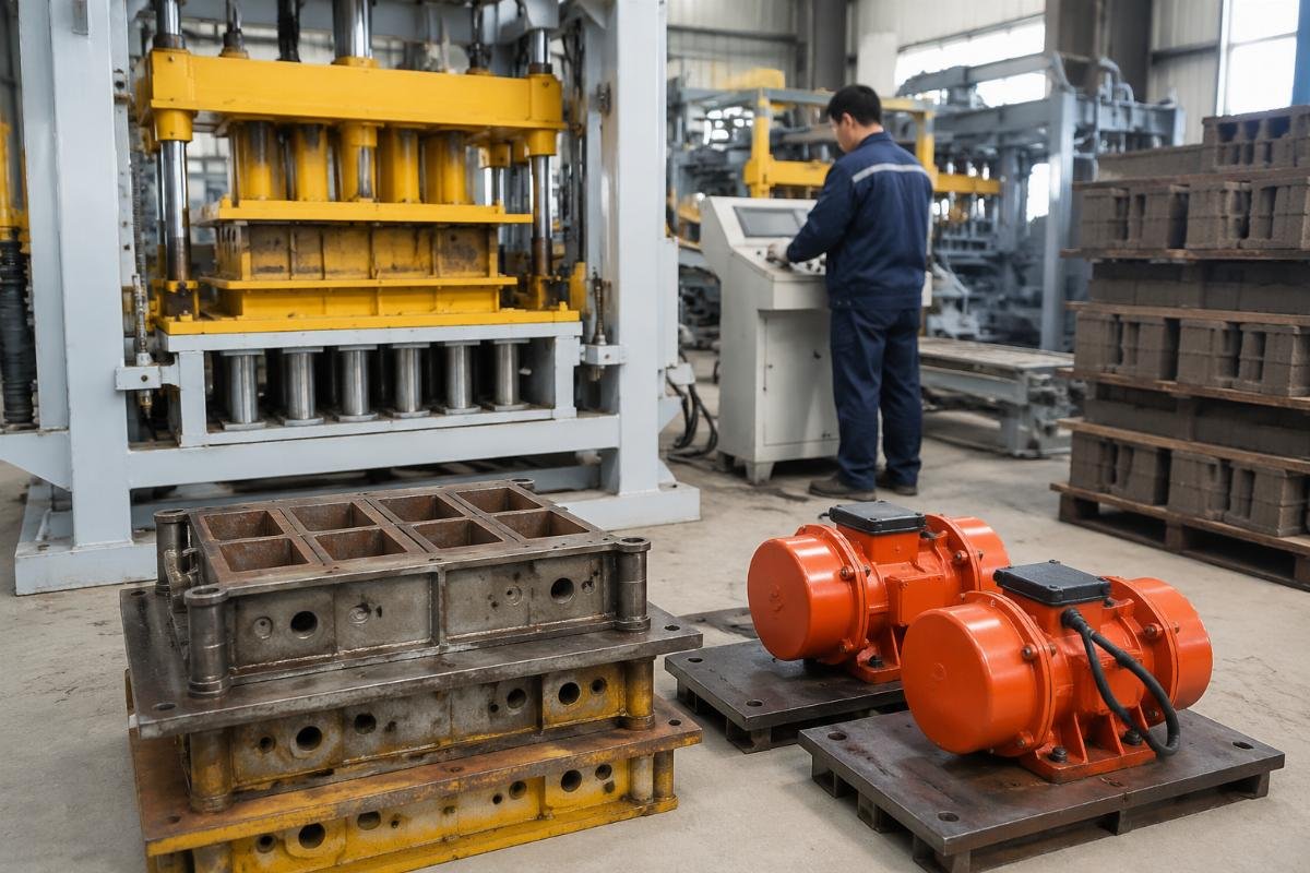 Block making machine mold and vibration motor close-up