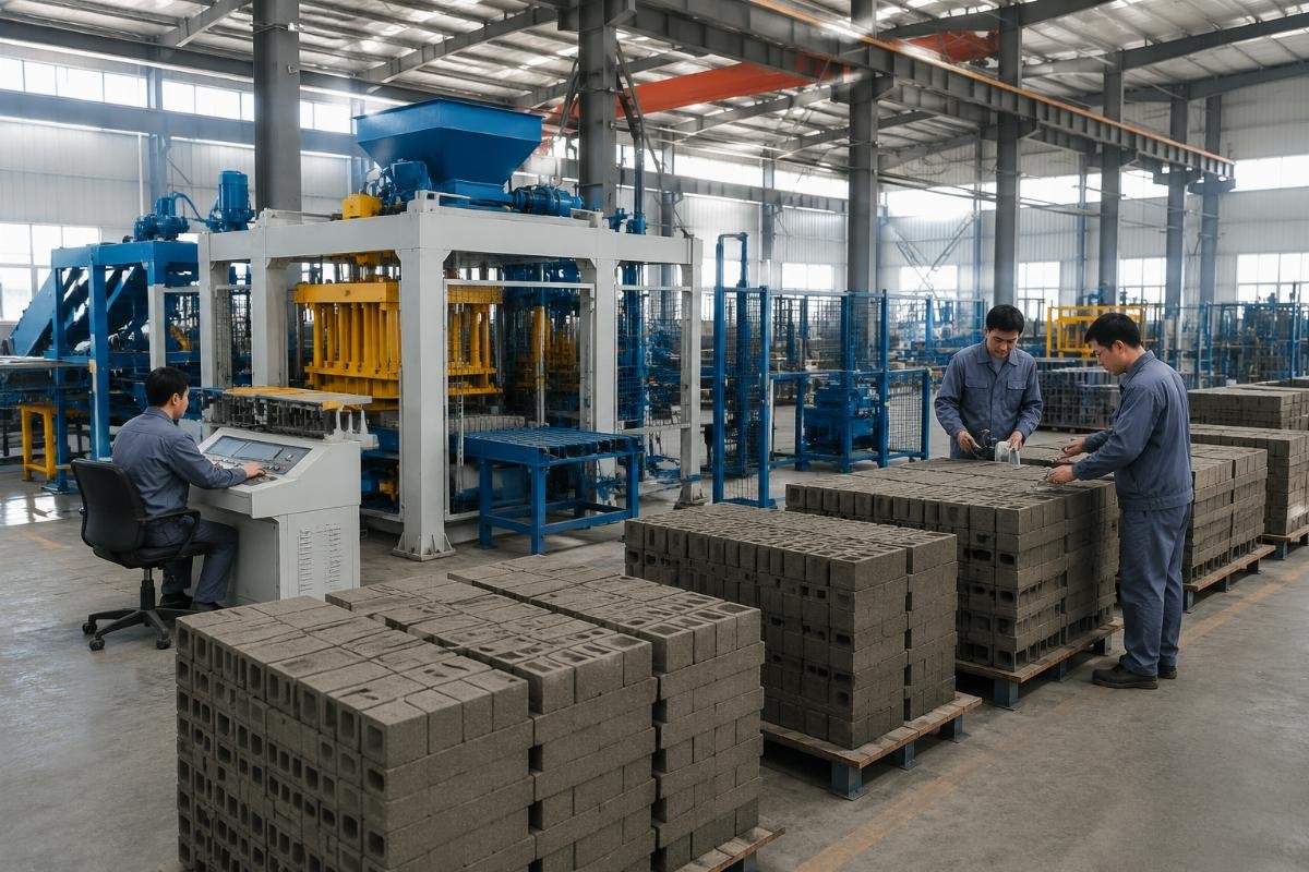 Factory workshop of block making machine manufacturer showing production lines and quality inspection area