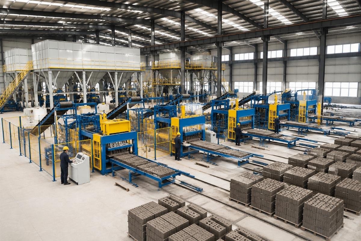 Large-scale block factory layout with multiple parallel production lines and centralized batching