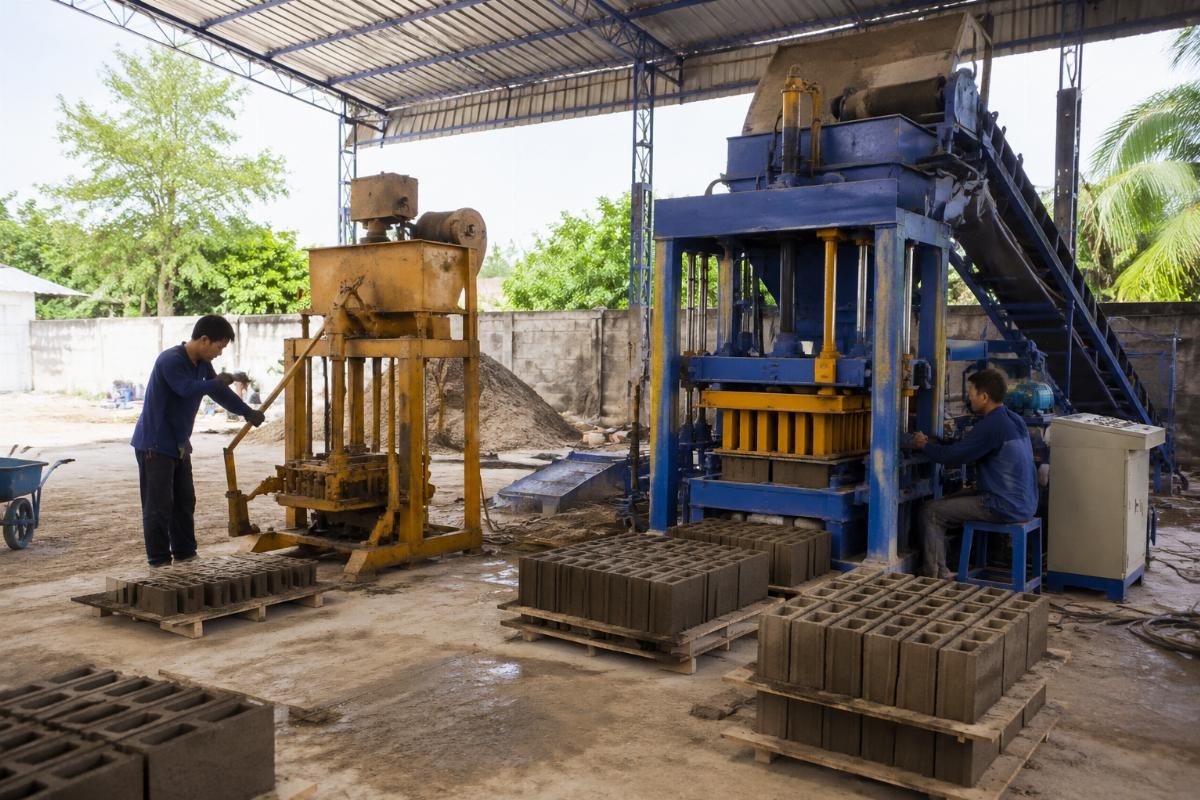 cheap block machine from China supplier for small investors Comparison of manual and semi-automatic block machines in a small production yard