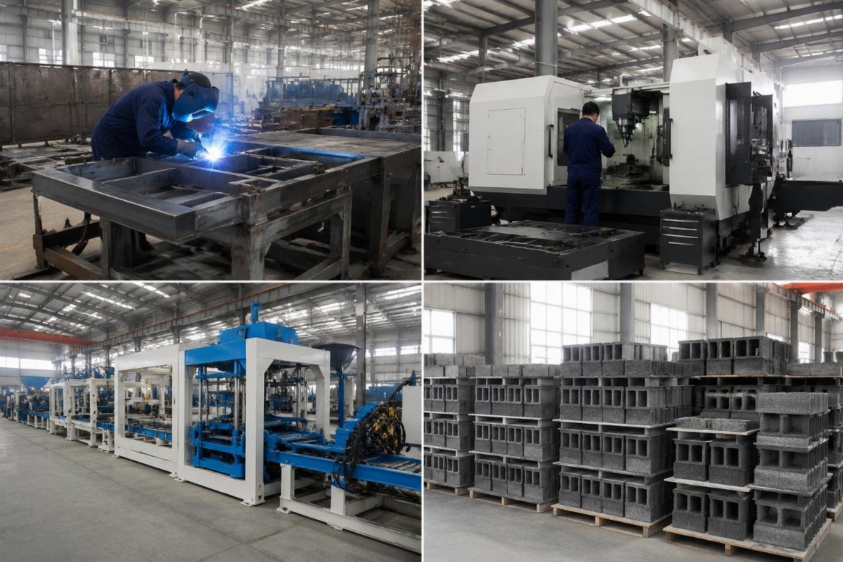 China block machine manufacturer factory with welding, machining, and assembly workshops Block machine manufacturer factory tour showing welding, machining, and assembly workshops