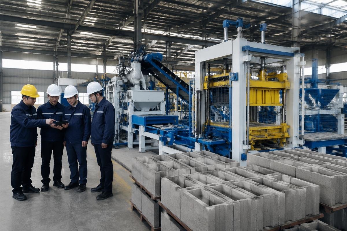 Chinese block making machine factory workshop with engineers