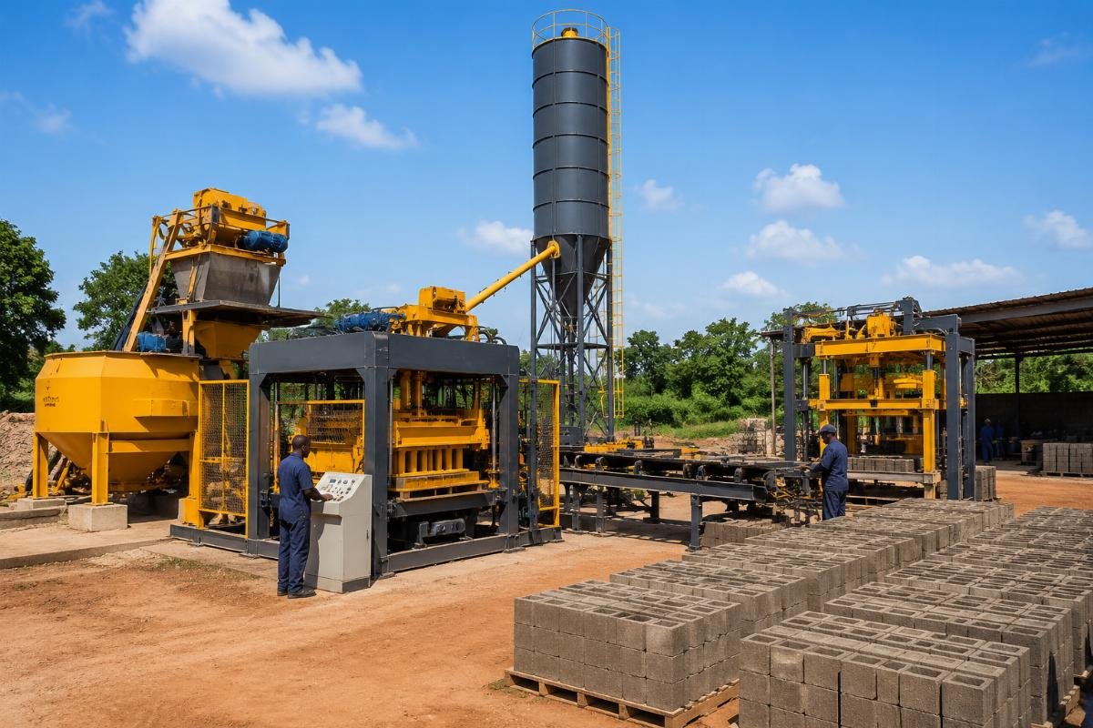 Complete QMY series production line with mixer, batcher, silo, and stacker at housing project Complete QMY Series production line installed at a West African housing project site