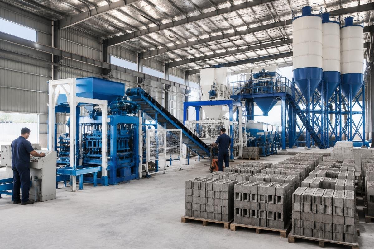 concrete batching plant for block machine capacity matching Concrete batching plant paired with block making machine in production line layout