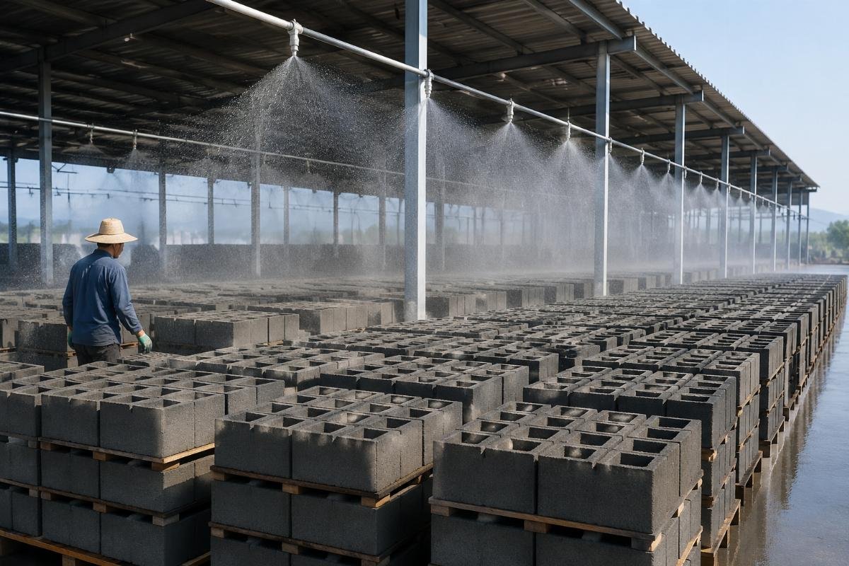 concrete block curing area design for optimal strength development Concrete block curing yard with sprinkler system and stacked pallets