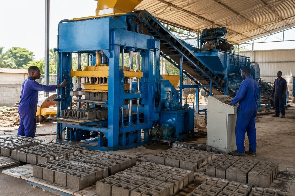 concrete block machine ROI Nigeria startup case study Semi-automatic concrete block machine QT4-24 in Nigerian production facility