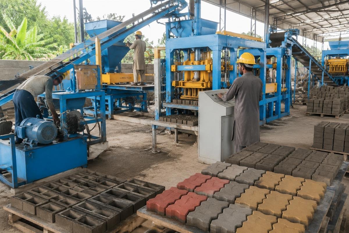 concrete block making machine for small business interlocking pavers Concrete block production line with color feeders for interlocking pavers in Bangladesh