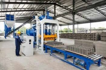 Complete concrete block production line layout showing batching system, mixer, block forming machine, pallet conveyor, and curing area