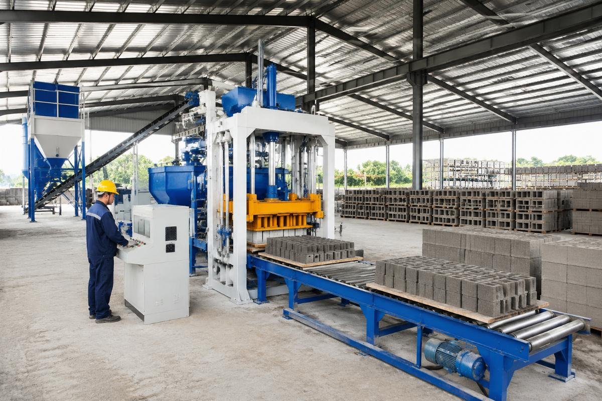 concrete block production line layout for first-time investors Complete concrete block production line layout showing batching system, mixer, block forming machine, pallet conveyor, and curing area