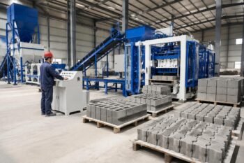 Concrete paver block machine production line with batching system, block forming unit, and cured blocks arranged on pallets