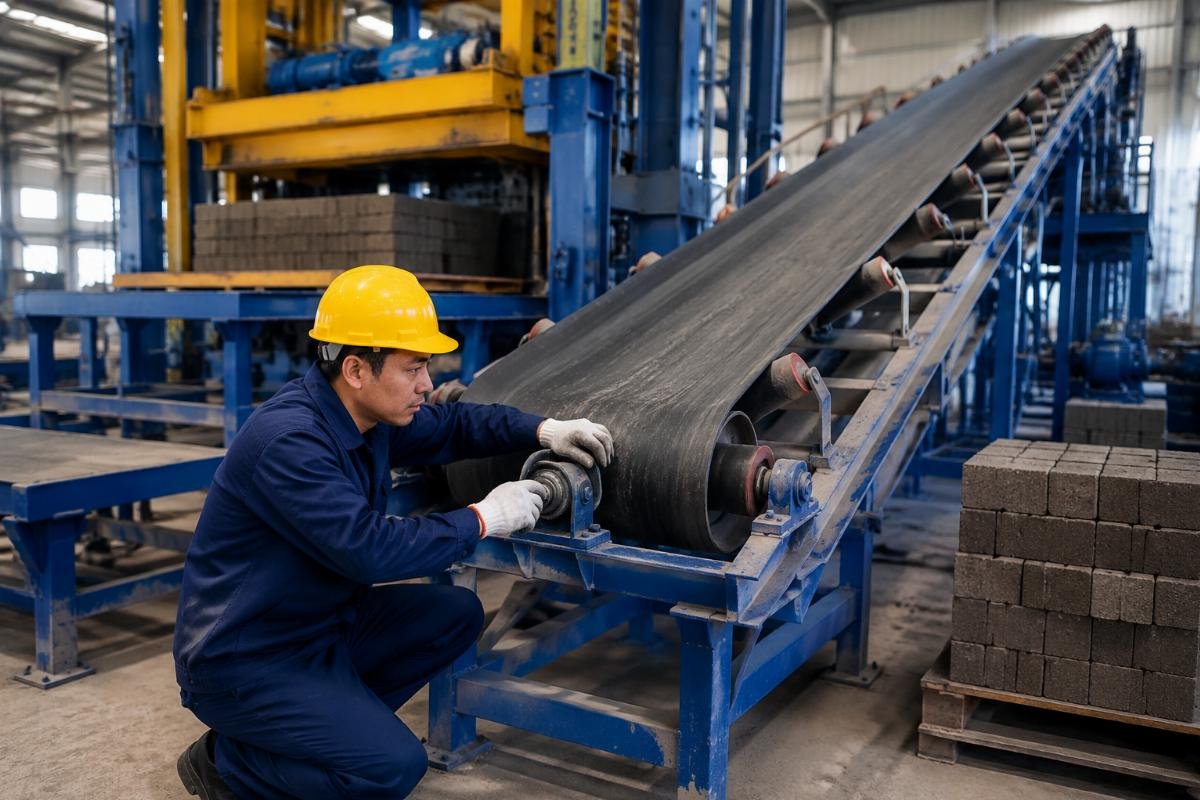 conveyor belt maintenance checklist block production Maintenance technician inspecting conveyor belt tracking and roller bearings