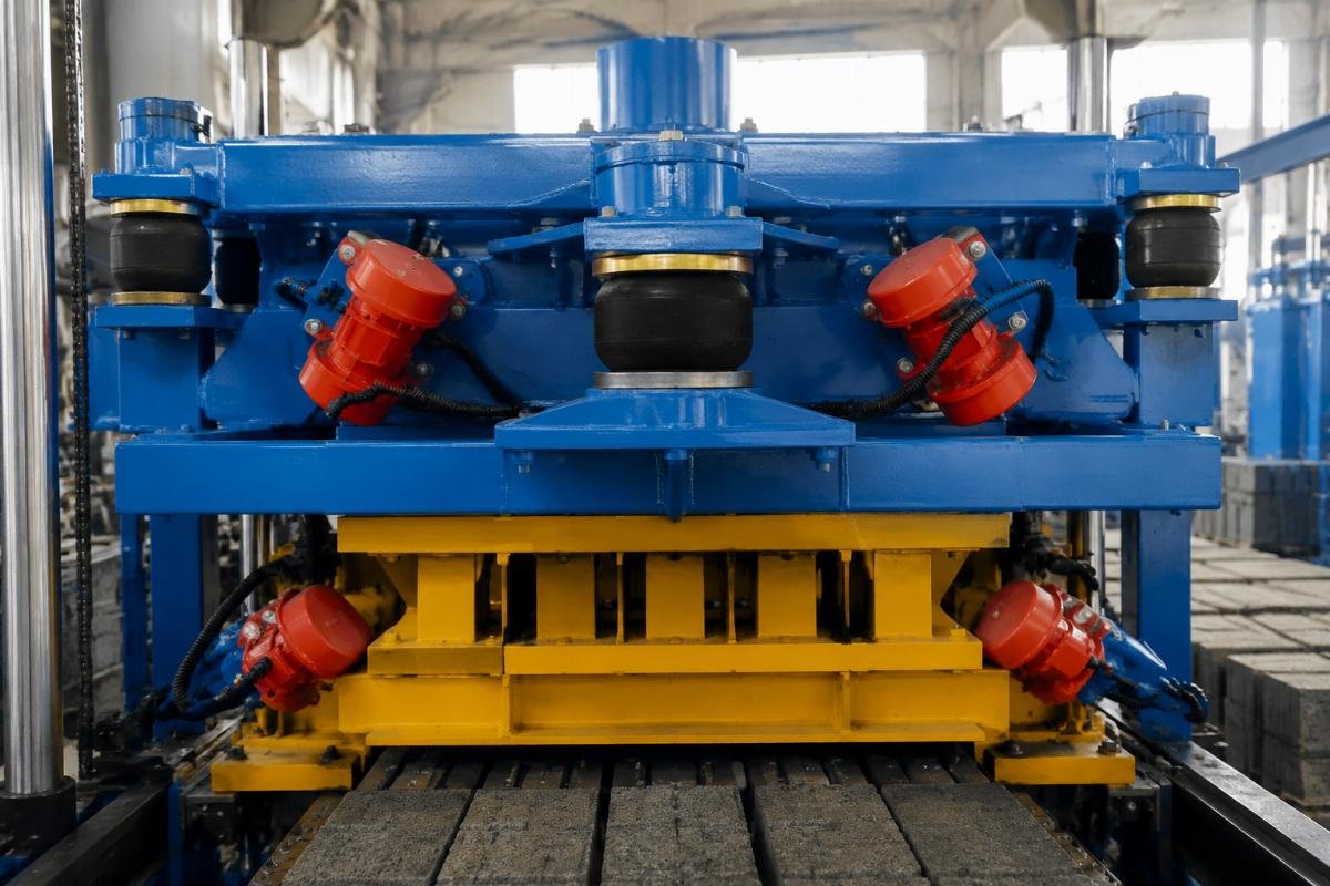 European-style airbag vibration system for high-density concrete paver blocks Close-up of European-style vibration system with airbag suspension and four vibration motors on a concrete block machine