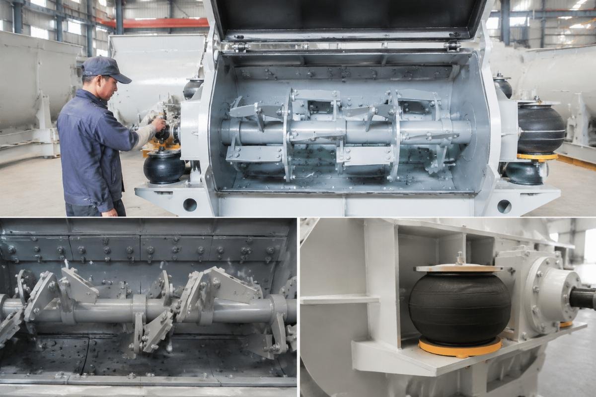 European-style twin-shaft mixer with airbag system for high-density block making Close-up of twin-shaft mixer blades with airbag vibration system inside a concrete mixer