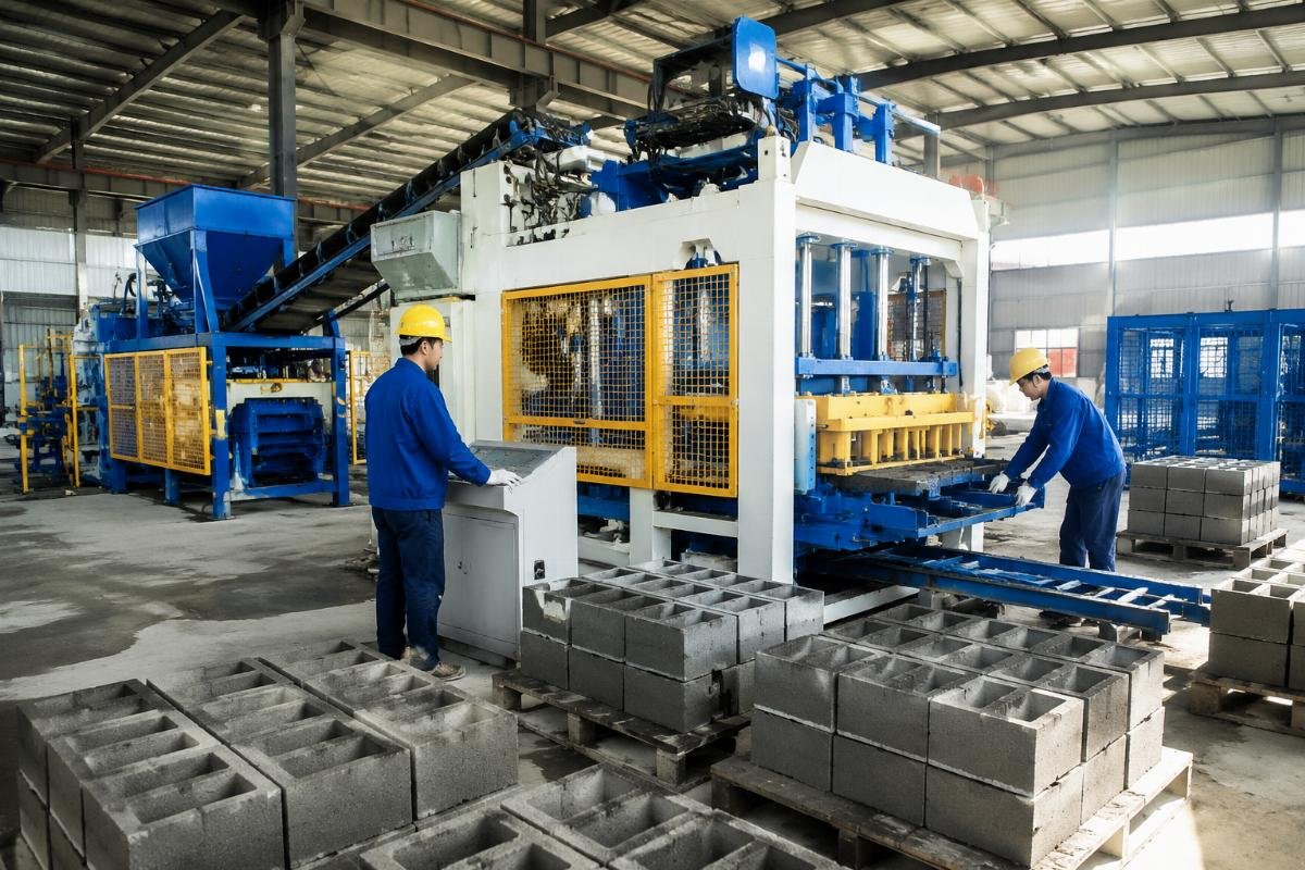 experienced Chinese concrete block machine manufacturer with European-style design Shandong Shiyue factory and concrete block machine production workshop