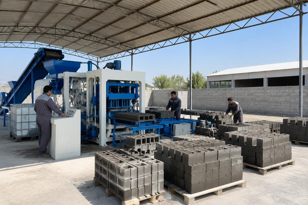 Fixed block machine operating under a steel canopy in an open yard in Uzbekistan