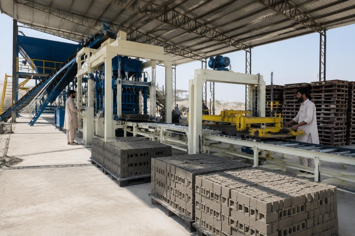 Fixed block production line with automatic pallet loader in a Pakistani block yard
