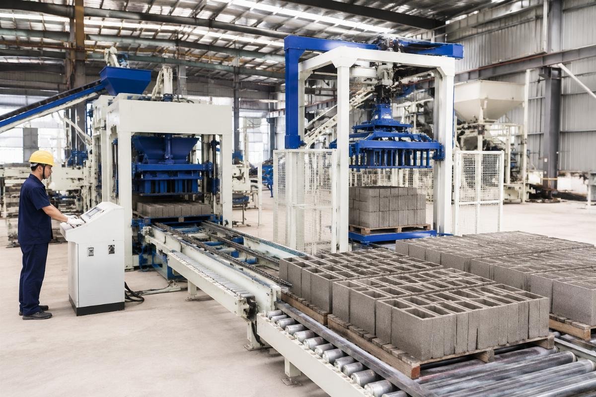 fully automatic concrete block production line for medium producers Fully automatic concrete block production line with stacker and pallet conveyor