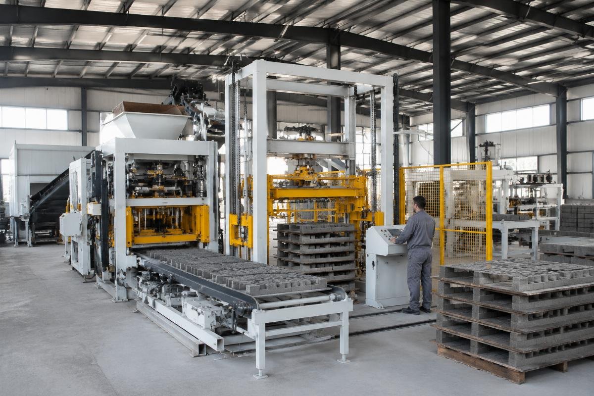 fully automatic concrete paver block machine with airbag vibration system Fully automatic concrete block production line with automatic stacker and pallet return system in a Central Asian factory