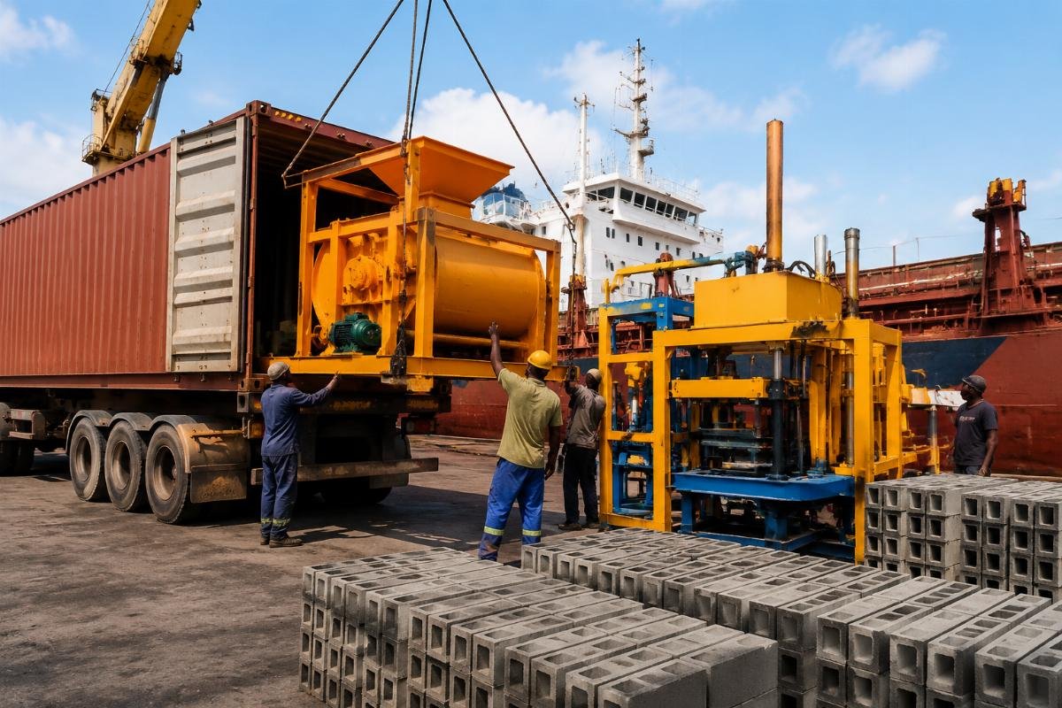 JS500 concrete mixer delivery and installation for small block making business JS500 concrete mixer and block making machine being unloaded at a West African port