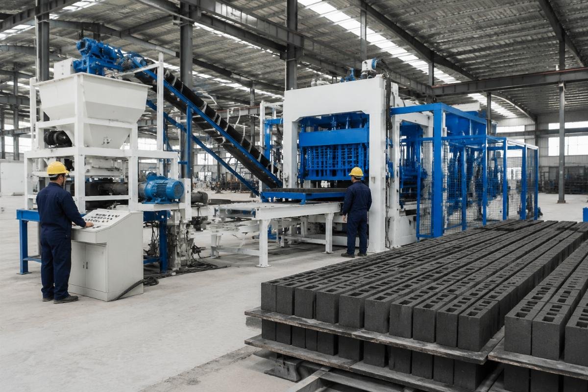 JS750 concrete mixer for medium-scale automated block making JS750 twin-shaft concrete mixer connected to an automated block making production line