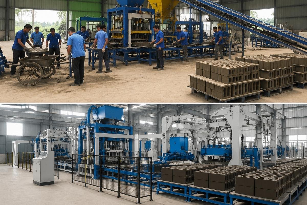 labor requirement comparison semi-automatic vs automatic block machine Block machine production line workers comparison between semi-automatic and automatic systems