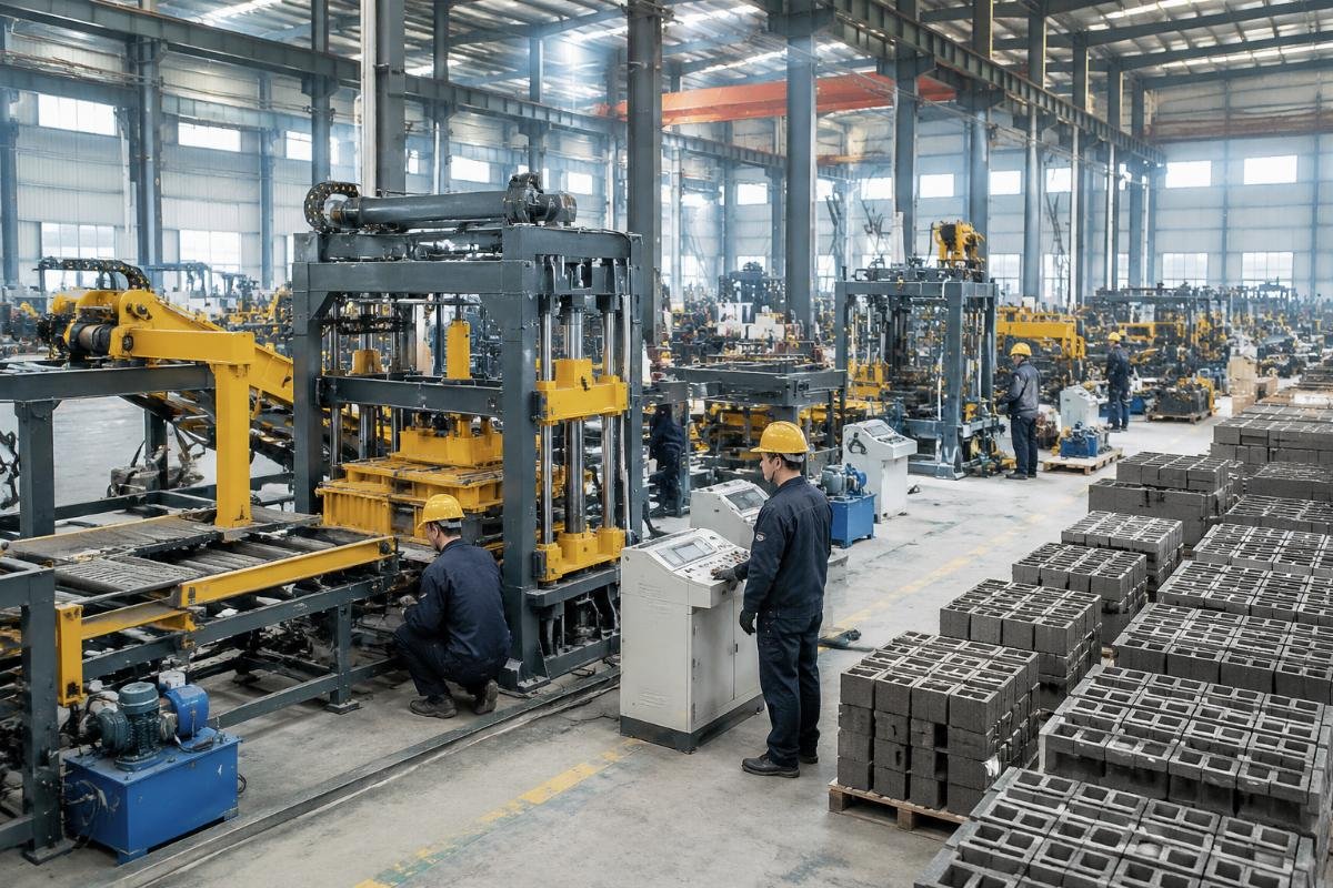 large-scale concrete block machine manufacturer with European-style design capability Large-scale concrete block machine manufacturing facility with multiple assembly workshops and quality inspection stations