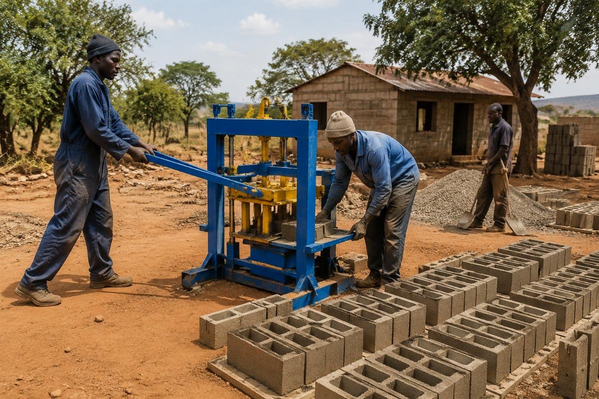 manual block machine for rural areas Manual block machine operating in a rural African construction site with workers producing concrete blocks