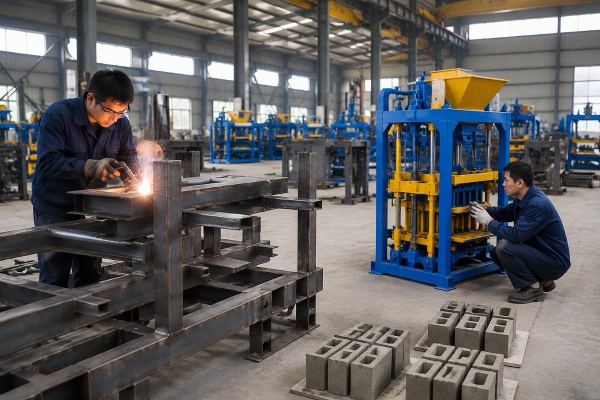 manual block making machine for rural areas quality check Factory floor of a Chinese block machine manufacturer showing steel frame welding and quality inspection