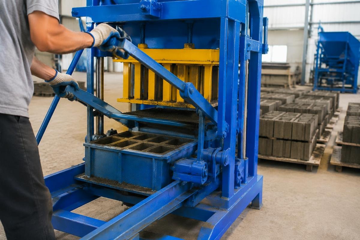 manual concrete block machine price and operation Close-up view of a manual block machine lever mechanism and mold box