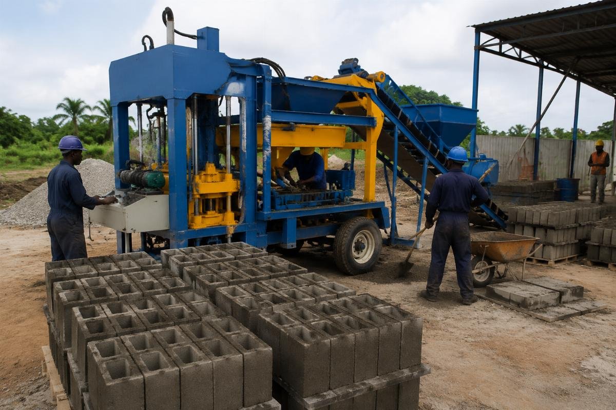 Mobile block machine producing hollow blocks on a Nigerian construction site