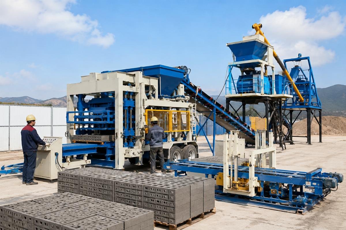 QMY series mobile block machine complete production line with mixer, batching machine, and stacker QMY Series Mobile Block Machine production line overview