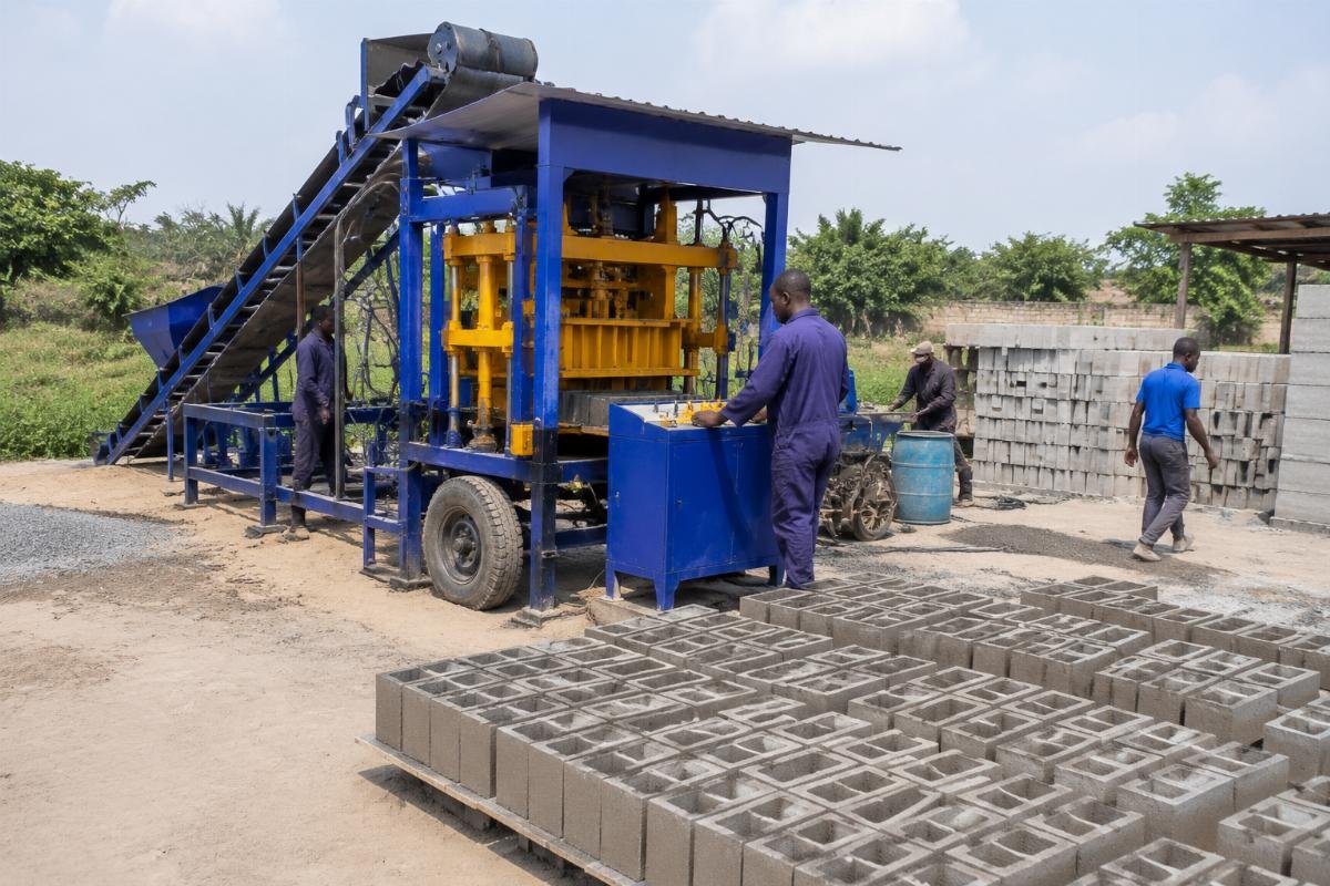 QMY4-40 mobile block machine producing hollow blocks at Nigerian startup site QMY4-40 mobile block machine operating at a small-scale production site