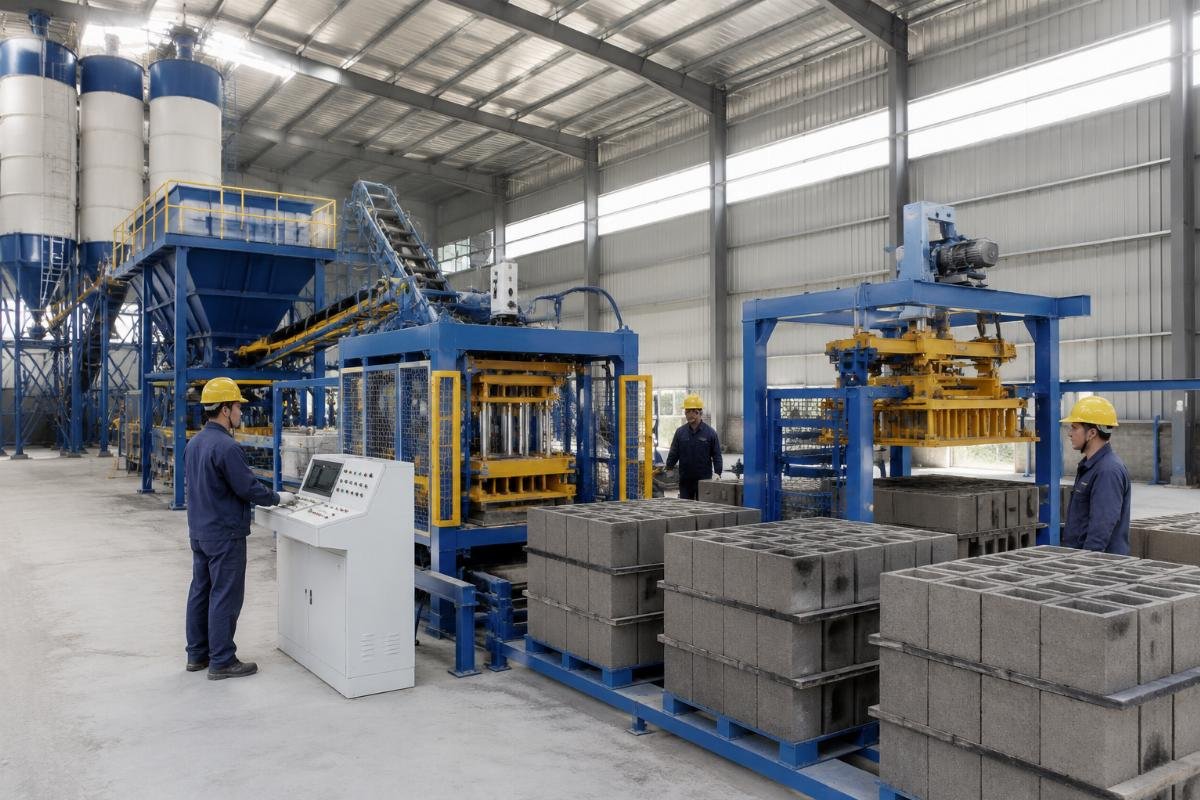 QT10-15 complete block production line with cement silo, batching plant, and automatic stacker