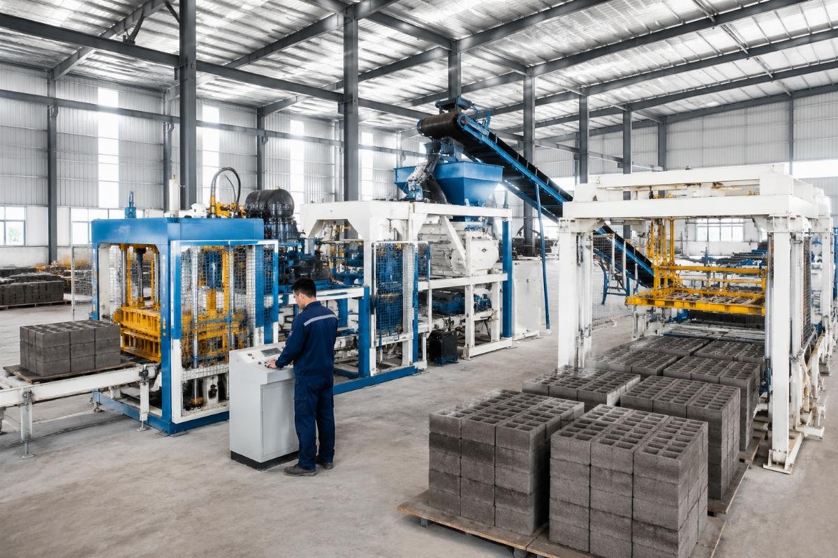 QT4-15 automatic block machine turnkey production line QT4-15 automatic block machine production line with mixer, conveyor, and stacker